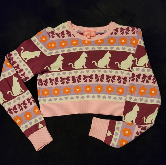 Sugar Thrillz Sweaters - Sugar Thrillz Fair Isle Cat Print Crop Knit Sweater